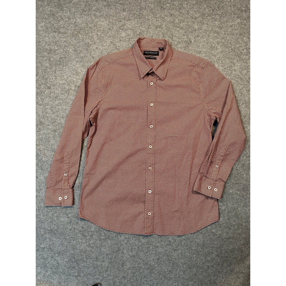Nick Graham Mens XL Stretch Modern Fit Dress Shirt Burgundy Geometric Print Long